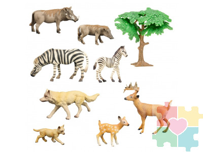 Набор фигурок животных серии "Мир диких животных": 2 зебры, 2 бородавочника, 2 оленя, 2 волка (набор из 9 предметов)