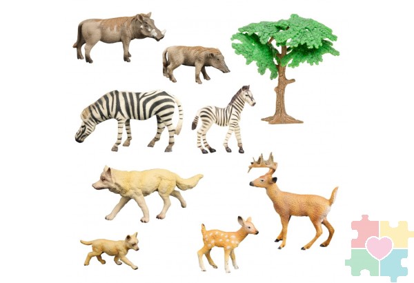 Набор фигурок животных серии "Мир диких животных": 2 зебры, 2 бородавочника, 2 оленя, 2 волка (набор из 9 предметов)