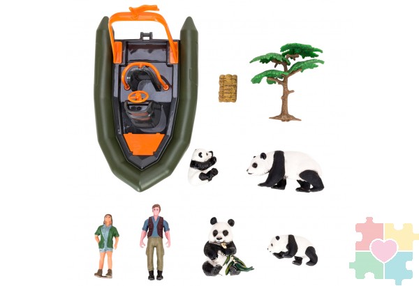 Набор фигурок животных cерии "На ферме": Ферма игрушка, панды, лодка, фермер, инвентарь - 10 предметов