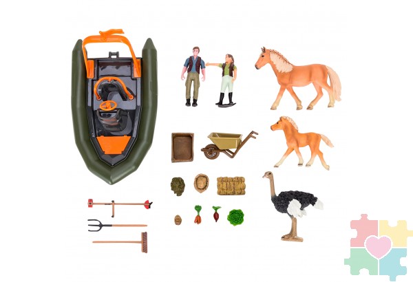 Набор фигурок животных серии "На ферме": Ферма игрушка, лошади, страус, лодка, фермеры, инвентарь - 22 предмета