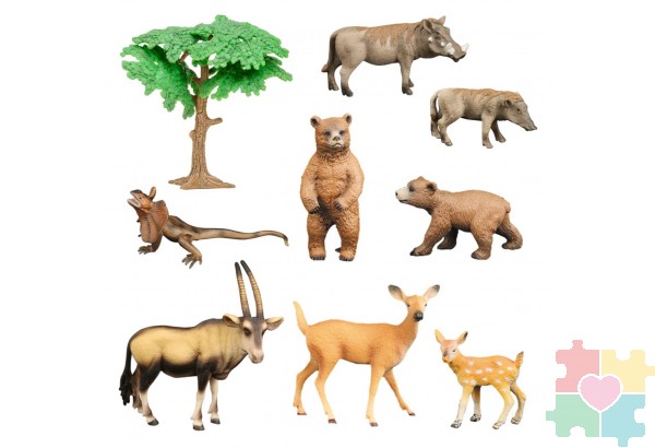 Набор фигурок животных серии "Мир диких животных": антилопа, ящерица, 2 бородавочника, 2 оленя, 2 медведя (набор из 9 предметов)