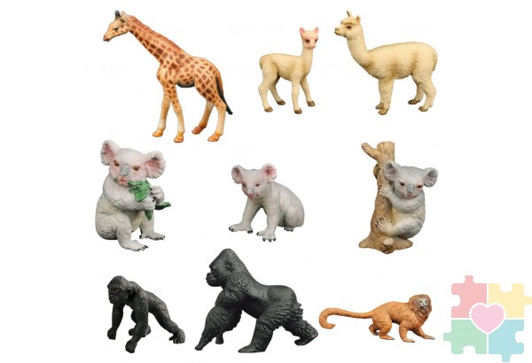 Набор фигурок животных серии "Мир диких животных": 2 гориллы, 3коалы, жираф, обезьяна, 2 альпаки (набор из 9 предметов)