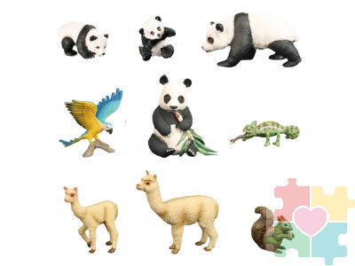 Набор фигурок животных серии "Мир диких животных": семья панд, белка, попугай, хамелеон, 2 ламы (набор из 9 фигурок)