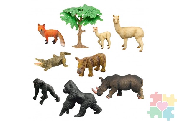 Набор фигурок животных серии "Мир диких животных": крокодил, 2 носорога, 2 ламы, 2 гориллы, лиса (набор из 9 предметов)