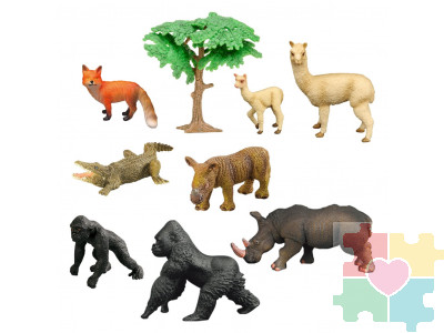 Набор фигурок животных серии "Мир диких животных": крокодил, 2 носорога, 2 ламы, 2 гориллы, лиса (набор из 9 предметов)