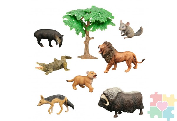 Набор фигурок животных серии "Мир диких животных": крокодил, 2 льва, шиншилла, шакал, муровьед, овцебык (набор из 8 предметов)