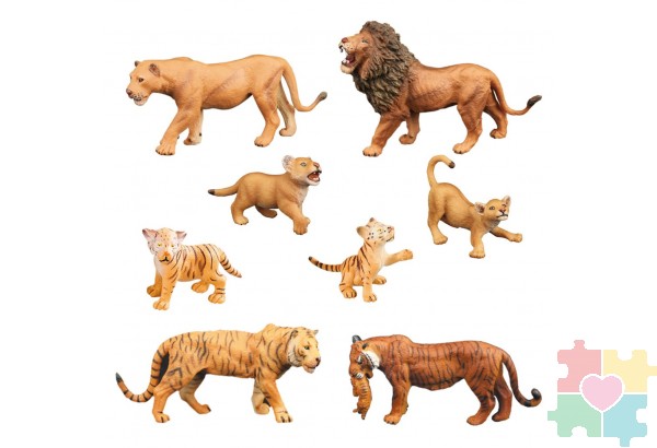 Набор фигурок животных серии "Мир диких животных": Семья тигров и семья львов, 8 предметов