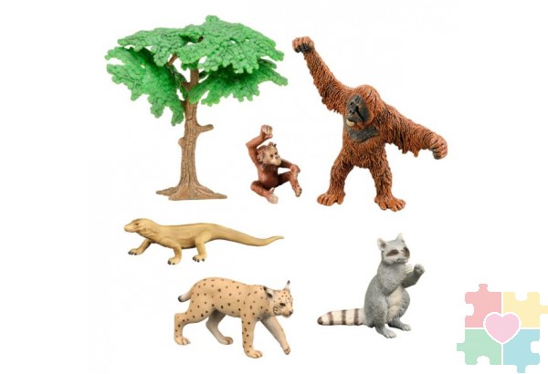Набор фигурок животных серии "Мир диких животных": енот, рысь, орангутан с детенышем, варан, дерево (набор из 6 предметов)