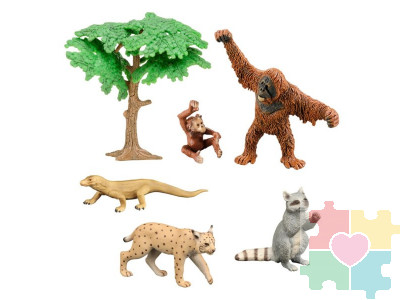 Набор фигурок животных серии "Мир диких животных": енот, рысь, орангутан с детенышем, варан, дерево (набор из 6 предметов)