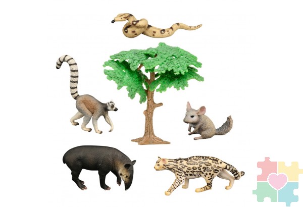 Набор фигурок животных серии "Мир диких животных": муровьед, лемур, шиншилла, ягуар, змея (набор из 6 предметов)