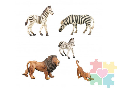 Набор фигурок животных серии "Мир диких животных": Семья львов и семья зебр (набор из 5 предметов)