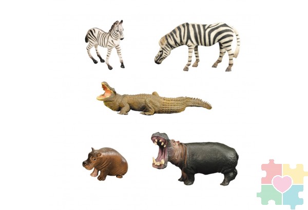 Набор фигурок животных серии "Мир диких животных": 2 зебры, 2 бегемота и крокодил (набор из 5 фигурок)