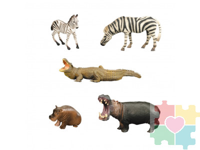 Набор фигурок животных серии "Мир диких животных": 2 зебры, 2 бегемота и крокодил (набор из 5 фигурок)