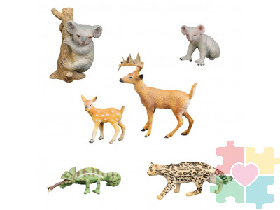 Набор фигурок животных серии "Мир диких животных": 2 коалы, 2 оленя, ягуар, хамелеон (набор из 6 фигурок)