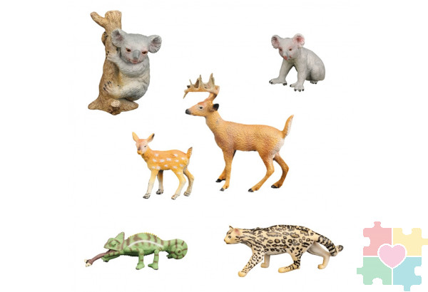 Набор фигурок животных серии "Мир диких животных": 2 коалы, 2 оленя, ягуар, хамелеон (набор из 6 фигурок)