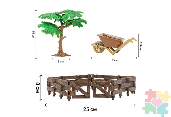 Игрушки фигурки в наборе серии "На ферме", 6 предметов (фермер, слон и слоненок, ограждение-загон, дерево, тележка)
