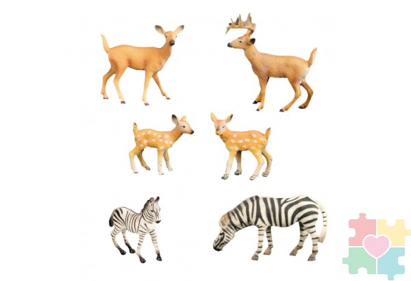 Набор фигурок животных серии "Мир диких животных": Семья зебр и семья оленей (набор из 6 предметов)