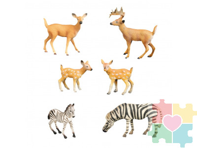 Набор фигурок животных серии "Мир диких животных": Семья зебр и семья оленей (набор из 6 предметов)