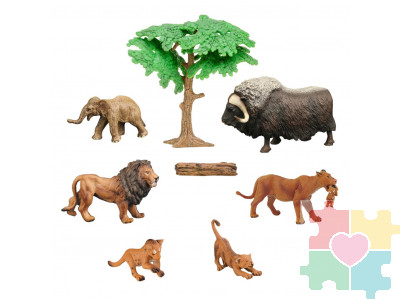 Набор фигурок животных серии "Мир диких животных": семья львов, овцебык, слоненок (набор из 8 предметов)