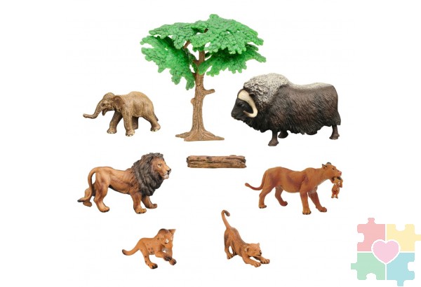 Набор фигурок животных серии "Мир диких животных": семья львов, овцебык, слоненок (набор из 8 предметов)
