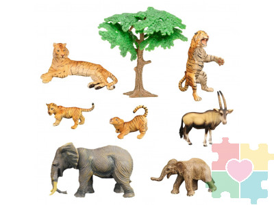 Набор фигурок животных серии "Мир диких животных": 2 слона, семья тигров, антилопа (набор из 8 предметов)