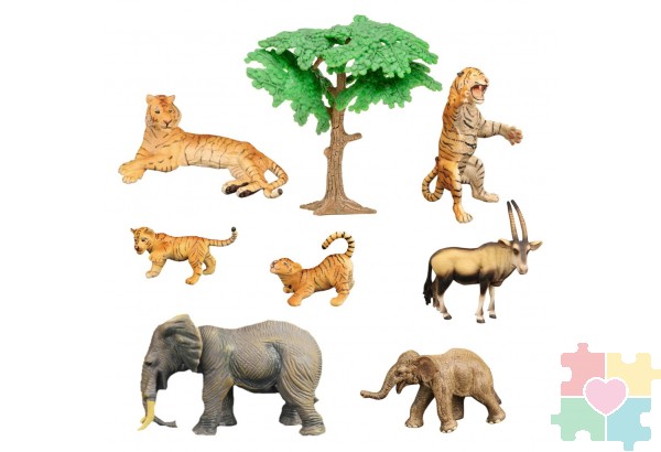 Набор фигурок животных серии "Мир диких животных": 2 слона, семья тигров, антилопа (набор из 8 предметов)