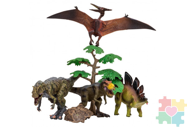 Динозавры и драконы для детей серии "Мир динозавров": птеродактиль, тираннозавр, стегозавр, аллозавр (набор фигурок из 6 предметов)