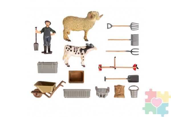 Набор фигурок животных cерии "На ферме": Ферма игрушка, бычок, баран, фермер, инвентарь - 17 предметов