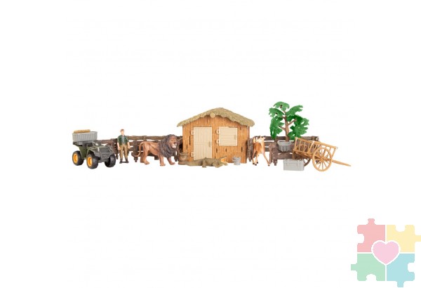 Набор фигурок животных cерии "На ферме": Ферма игрушка, лев, крокодил, олененок, квадроцикл, фермер, инвентарь - 15 предметов