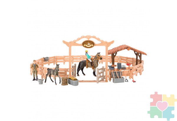 Набор фигурок животных серии "Мир лошадей": Конюшня игрушка, лошади, фермер, наездница, инвентарь - 20 предметов