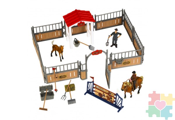 Набор фигурок животных серии "Мир лошадей": Конюшня игрушка, Авелинская лошадь с жеребенком, фермер, наездница, инвентарь - 19 предметов