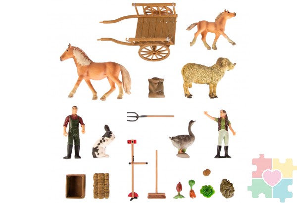 Набор фигурок животных cерии "На ферме": Ферма игрушка, лошади, баран, гусь, кролик, фермеры, инвентарь - 20 предметов