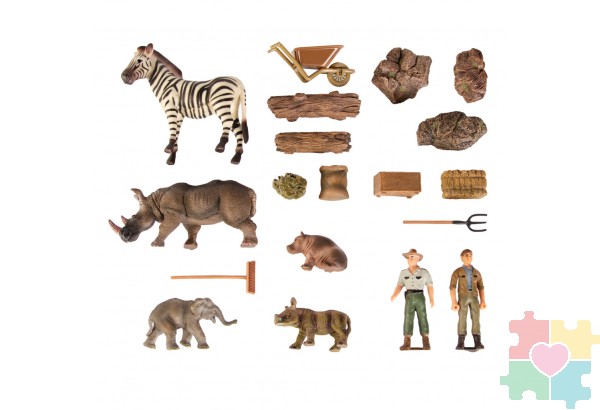 Набор фигурок животных cерии "На ферме": Ферма игрушка, зебра, слоненок, бегемоткик, носороги, фермеры, инвентарь - 21 предмет