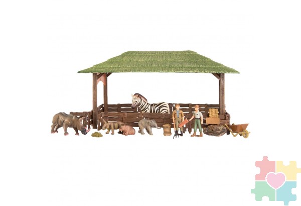 Набор фигурок животных cерии "На ферме": Ферма игрушка, зебра, слоненок, бегемоткик, носороги, фермеры, инвентарь - 21 предмет