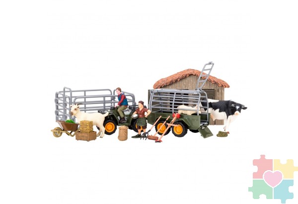 Набор фигурок животных серии "На ферме": Ферма игрушка, бык, козы, квадроцикл для перевозки животных, фермеры, инвентарь - 22 предмета
