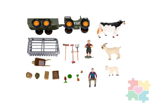 Набор фигурок животных серии "На ферме": Ферма игрушка, бык, козы, квадроцикл для перевозки животных, фермеры, инвентарь - 22 предмета
