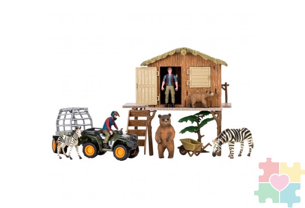 Набор фигурок животных cерии "На ферме": Ферма игрушка, зебры, медведи, квадроцикл для перевозки животных, фермер, инвентарь - 13предметов