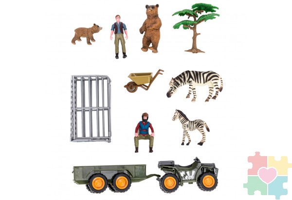 Набор фигурок животных cерии "На ферме": Ферма игрушка, зебры, медведи, квадроцикл для перевозки животных, фермер, инвентарь - 13предметов
