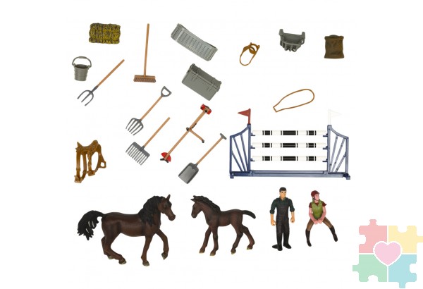 Набор фигурок животных серии "Мир лошадей": Конюшня игрушка, Фризская лошадь с жеребенком, фермер, наездница, инвентарь - 22 предмета