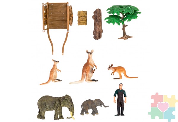 Набор фигурок животных серии "На ферме": Ферма игрушка, кенгуру, слоны, фермер, инвентарь - 12 предметов