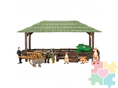 Набор фигурок животных серии "На ферме": Ферма игрушка, кенгуру, слоны, фермер, инвентарь - 12 предметов