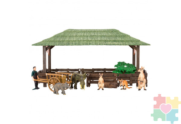 Набор фигурок животных серии "На ферме": Ферма игрушка, кенгуру, слоны, фермер, инвентарь - 12 предметов