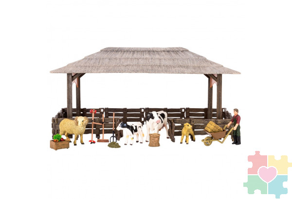 Набор фигурок животных серии "На ферме": Ферма игрушка, 19 фигурок домашних животных (коровы, овцы), персонажей и инвентаря