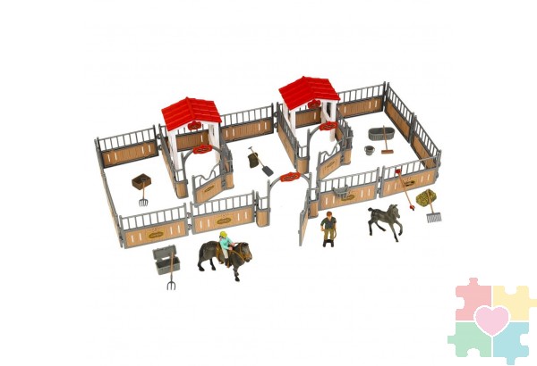 Набор фигурок животных серии "Мир лошадей": Конюшня игрушка, лошадь с жеребенком, фермер, наездница, инвентарь - 22 предмета