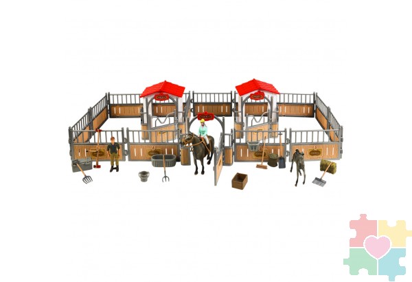 Набор фигурок животных серии "Мир лошадей": Конюшня игрушка, лошадь с жеребенком, фермер, наездница, инвентарь - 22 предмета