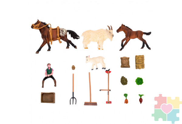 Набор фигурок животных серии "На ферме": Ферма игрушка, 18 фигурок домашних животных (лошади, козы), персонажей и инвентаря