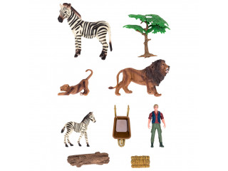 Набор фигурок животных серии "На ферме": Ферма игрушка, львы, зебры, фермер, инвентарь - 11 предметов