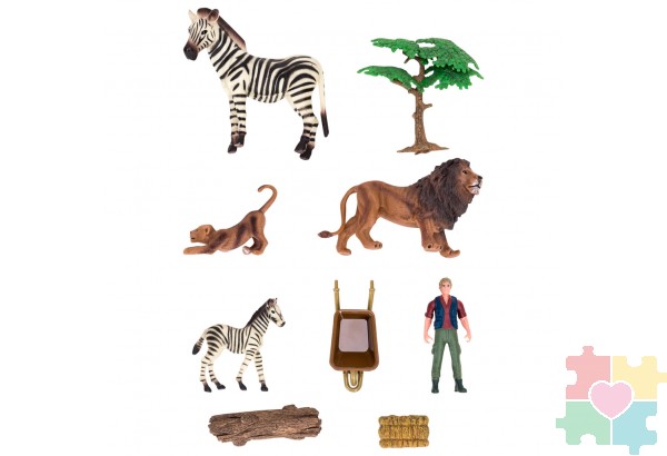 Набор фигурок животных серии "На ферме": Ферма игрушка, львы, зебры, фермер, инвентарь - 11 предметов