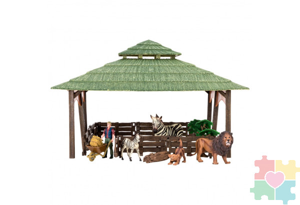 Набор фигурок животных серии "На ферме": Ферма игрушка, львы, зебры, фермер, инвентарь - 11 предметов