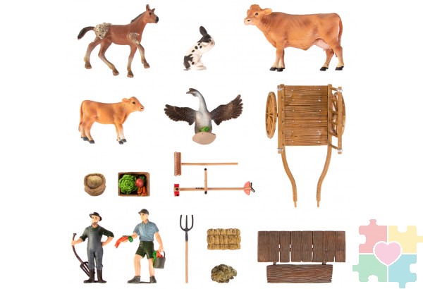Набор фигурок животных cерии "На ферме": Ферма игрушка, лошадь, кролик, гусь, телята, фермеры, инвентарь - 21 предмет
